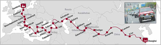 This map shows the route of the transcontinental rally, which covers a number of countries. The portion of the rally that passes through Central Asia is the toughest, organizers say. (China Daily)