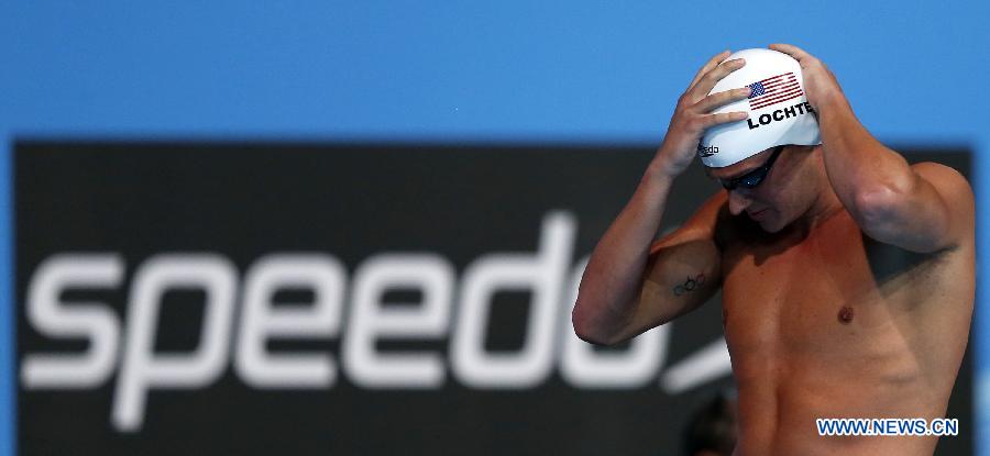 Ryan Lochte of the United States prepares for Men's 200m Freestyle Heats of the Swimming competition on day 10 of the 15th FINA World Championships at Palau Sant Jordi in Barcelona, Spain on July 29, 2013. Ryan Lochte advanced to the semifinal with 1:47.90. (Xinhua/Wang Lili)