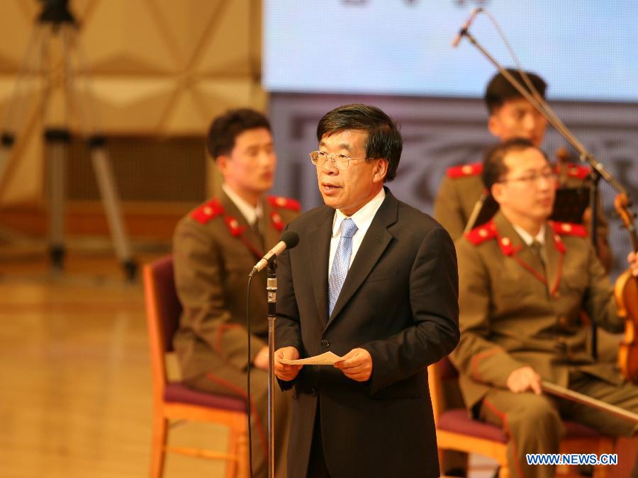 Chinese Ambassador to the Democratic People's Republic of Korea (DPRK) Liu Hongcai addresses the celebrating ceremony to mark the 60th anniversary of the Korean War Armistice Agreement in Pyongyang, DPRK, on July 29, 2013. (Xinhua/Zhang Li)