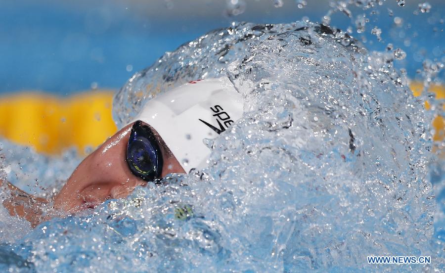Wang Shun of China competes during the Men's 200m Freestyle Heats of the Swimming competition on day 10 of the 15th FINA World Championships at Palau Sant Jordi in Barcelona, Spain on July 29, 2013. Wang Shun advanced to the semifinal with 1:48.19.(Xinhua/Wang Lili)