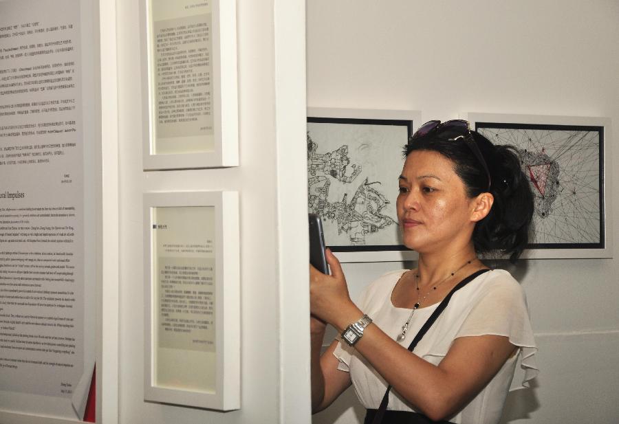 A visitor takes pictures of art works at the exhibition "The Strength of Natural Impulses" in Beijing, capital of China, July 30, 2013. Jointly contributed by French artist Francois Bossiere and four Chinese artists Zhang Sen, Zhang Yuqing, Sun Qianwei and Xie Hong, the exhibition concerned with visual art will be held from July 30 to Aug. 6 in Beijing. (Xinhua/Wang Jingqiang) 