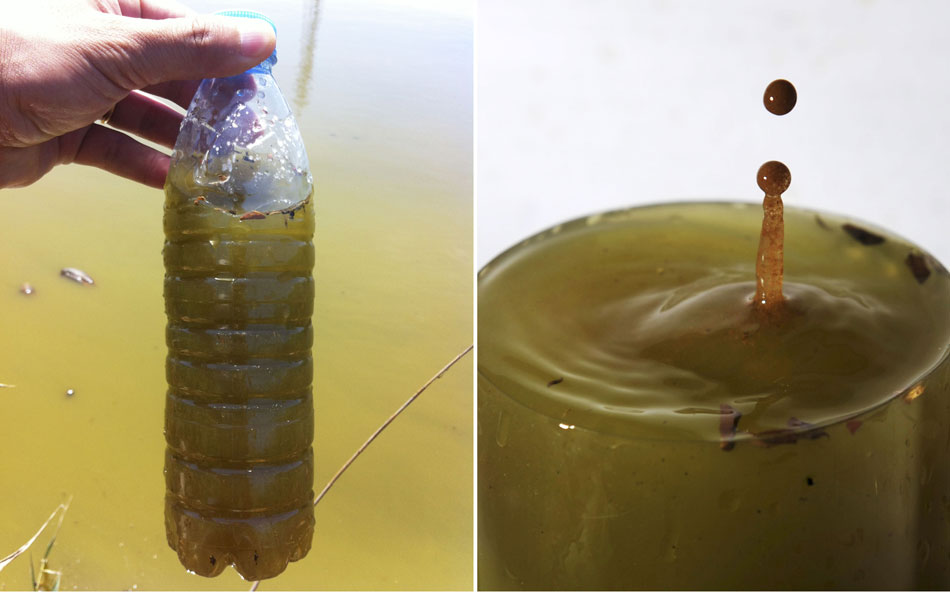 Photo at left shows a bottle of contaminated water (taken on July 24); photo at right shows the splash on the surface of the water (taken on July 24). Water pollution is severe in Tianjin at present. Water body appeared red, yellow, green and black colors. (Xinhua/Yue Yuewei)