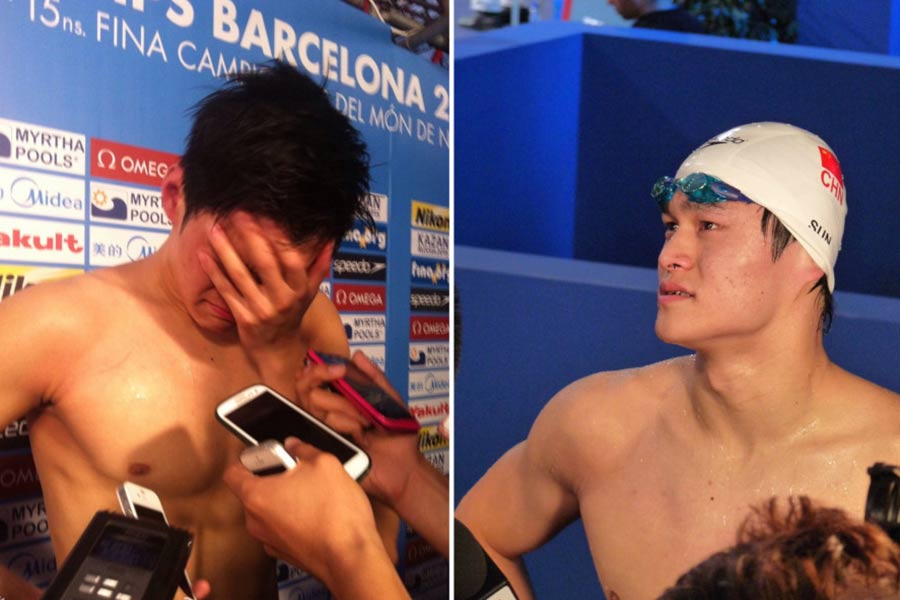 Sun Yang cries after claiming the title in 400m Freestyle Final. (CNTV)