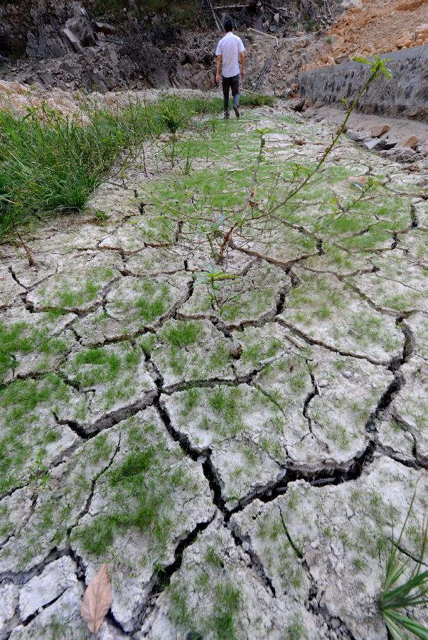 Photo taken on Aug. 13, 2013 shows a dried-up reservoir in Yuyao, east China's Zhejiang Province. High temperatures and scarce rainfall which have lasted over 40 days resulted in severe damage of agriculture and shortage of drinking water for over 417,000 people in Zhejiang. The heat is expected to continue in the following days, according to the local meteorological authority. (Xinhua/Wang Dingchang)