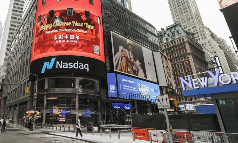 An animation program about the Chinese Lunar New Year traditions is seen on Nasdaq's outdoor display in Times Square, New York, Feb. 11, 2021.Photo:Xinhua