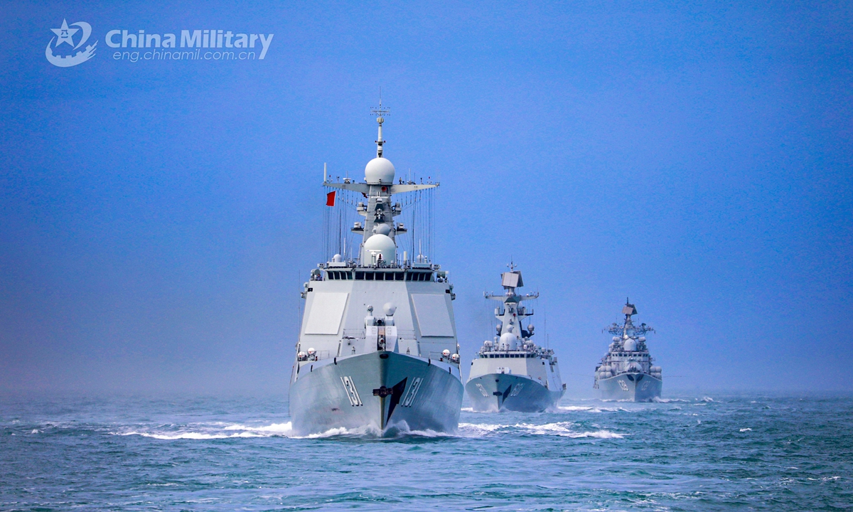 A naval fleet comprised of the guided-missile destroyers Ningbo (Hull 139) and Taiyuan (Hull 131), as well as the guided-missile frigate Nantong (Hull 601), steams in astern formation in waters of the East China Sea during a maritime training drill in late January, 2021.Photo:China Military