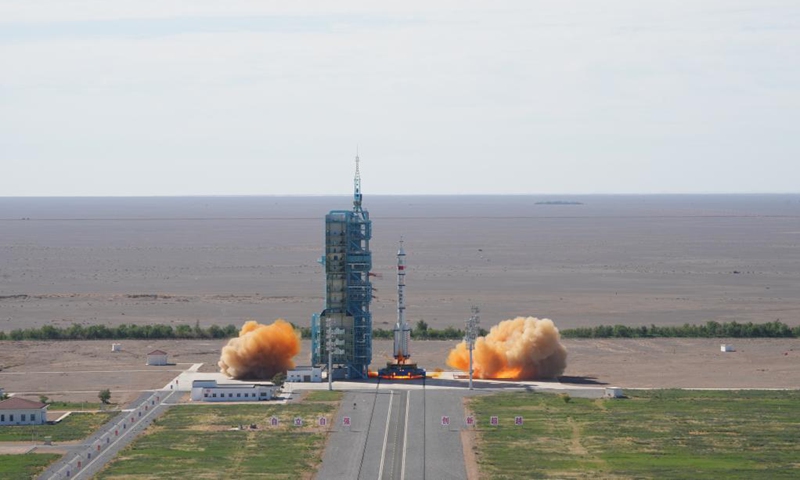 The crewed spacecraft Shenzhou-12, atop a Long March-2F carrier rocket, is launched from the Jiuquan Satellite Launch Center in northwest China's Gobi Desert, June 17, 2021. (Xinhua/Li Gang)