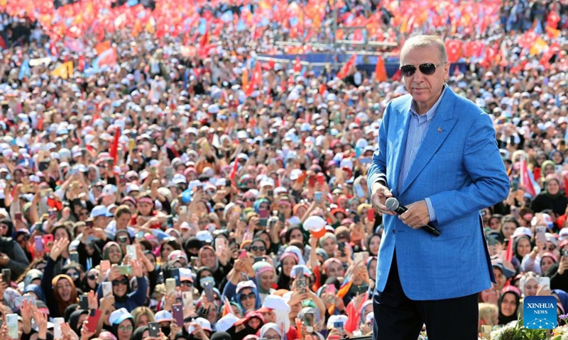 Turkish President Recep Tayyip Erdogan speaks at a political rally held at Ataturk Airport of Istanbul, Türkiye, May 7, 2023. Large-scale rallies were held in Istanbul, the country's largest city, over the weekend, marking the final weekend before the upcoming presidential and parliamentary elections scheduled for May 14th.(Photo: Xinhua)