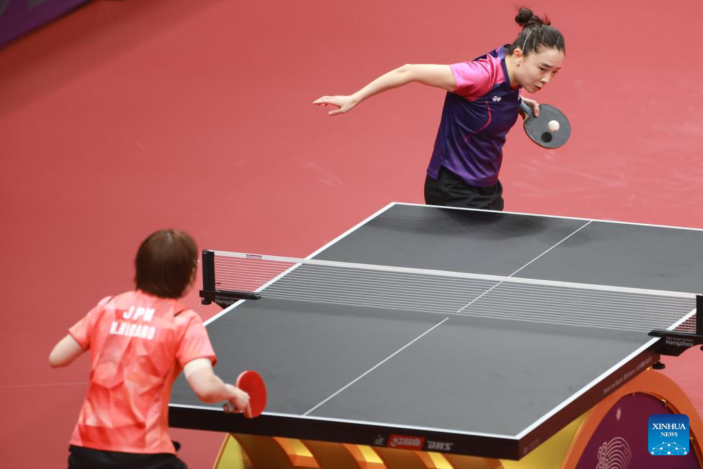 Hangzhou, China's Zhejiang Province. 7th Oct, 2023. Takahashi Noa of Japan  competes during the Women's Singles Final of Soft Tennis at the 19th Asian  Games in Hangzhou, east China's Zhejiang Province, Oct.