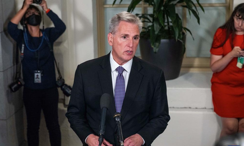 File photo taken on Sept. 29, 2023 shows the U.S. House Speaker Kevin McCarthy (Front) speaking to the media in Washington, D.C., the United States. Photo: Xinhua