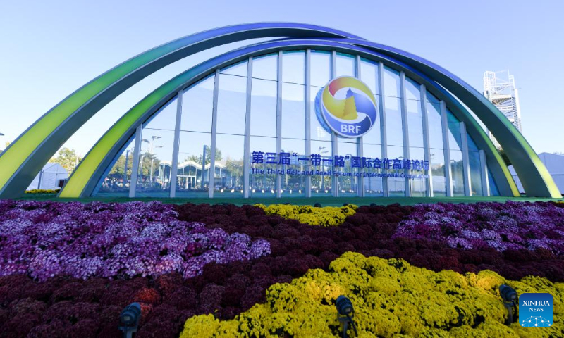 This photo taken on Oct. 14, 2023 shows a floral decoration for the third Belt and Road Forum for International Cooperation (BRF) near China National Convention Center in Beijing, capital of China. The BRF will be held from Oct. 17 to 18 in Beijing. (Xinhua/Ju Huanzong)