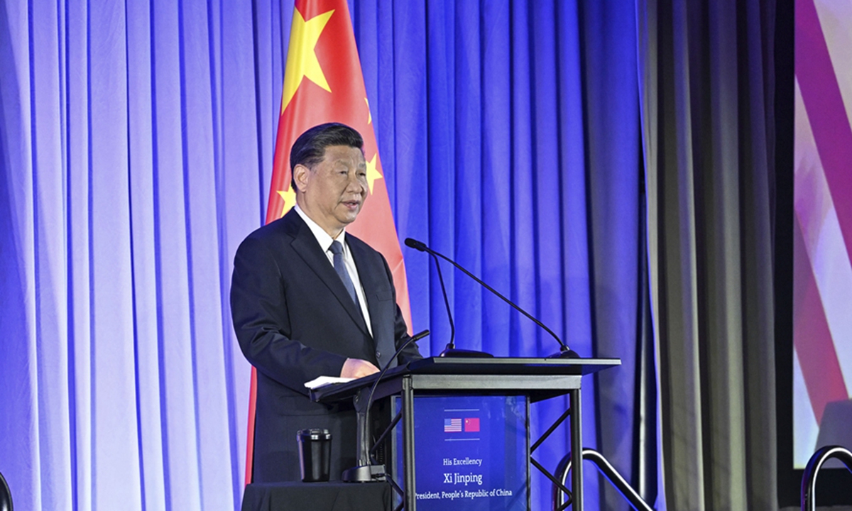Chinese President Xi Jinping delivers a speech at a welcoming dinner hosted by friendly organizations in the US, including the US-China Business Council and the National Committee on US-China Relations, in San Francisco on local time November 15, 2023. Photo: Xinhua