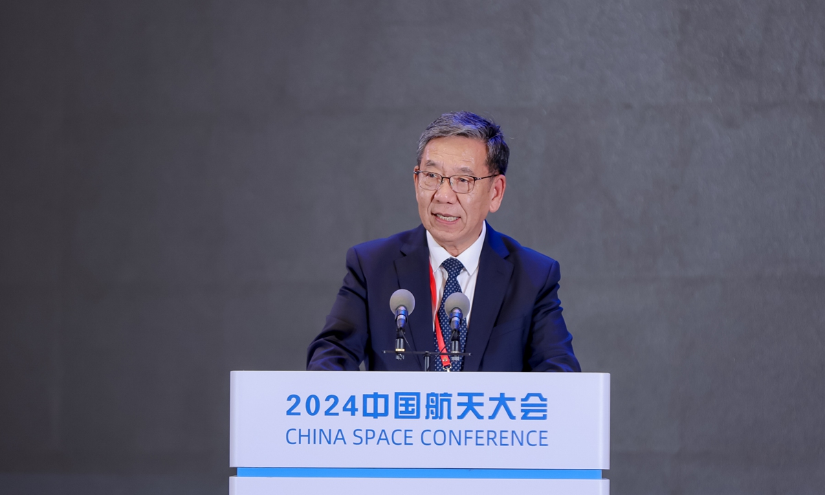 Wu Weiren, chief designer of chief designer of China’s lunar exploration project gives a speech at the 2024 China Space Conference in Wuhan on April 24, 2024. Photo: courtesy of China Space Conference 