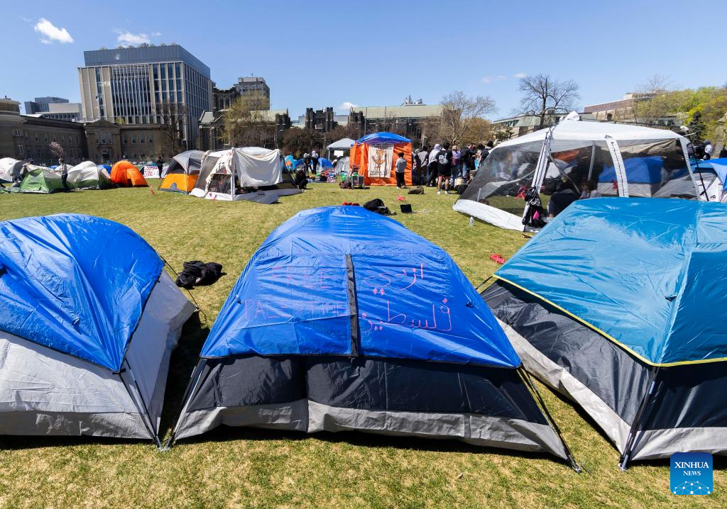 Pro-Palestinian demonstrators seen in tents at University of Toronto
