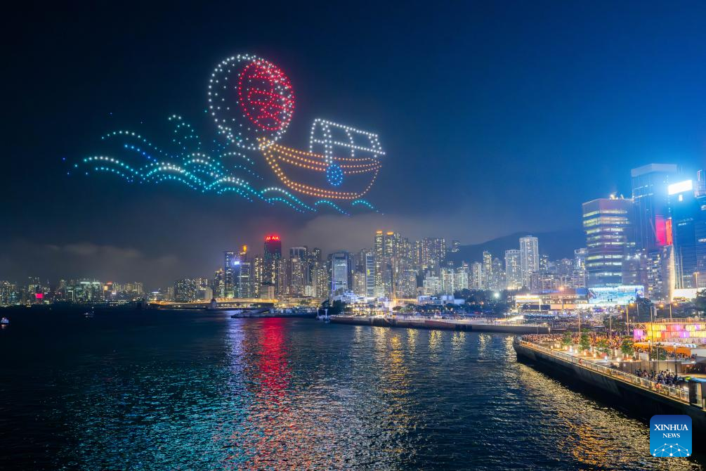 Drone light show featuring traditional Chinese culture staged in Hong Kong