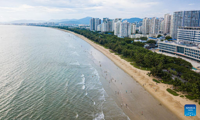 This aerial photo taken on Aug. 30, 2023 shows the scenery of Sanya Bay in Sanya, south China's Hainan Province. (Xinhua/Pu Xiaoxu)