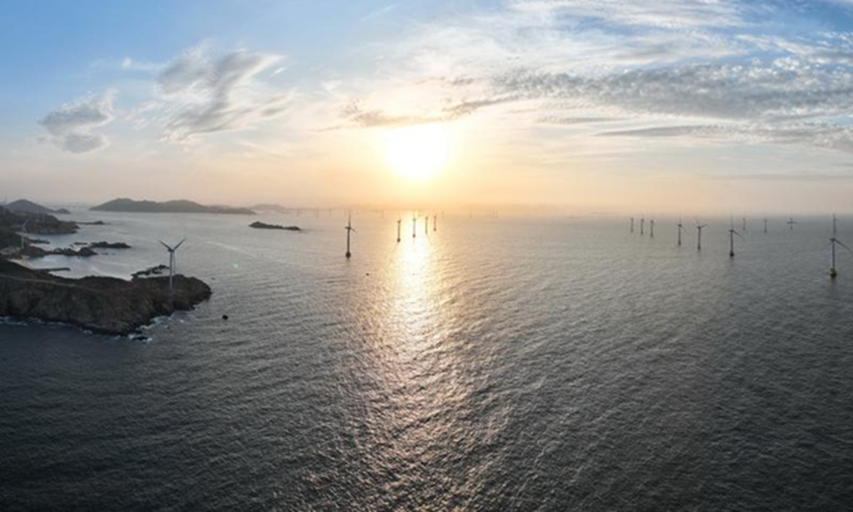 An aerial drone photo taken on May 17, 2024 shows a wind farm off the coast of Pingtan County, southeast China's Fujian Province. In recent years, Fujian has accelerated the development of clean energy, including wind and nuclear power, to promote the green and low-carbon development of the society. Photo: Xinhua