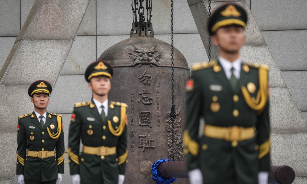 People’s Liberation Army soldiers participate in a ceremony to commemorate the September 18 Incident at the 9.18 Historical Museum in Shenyang, capital of Northeast China's Liaoning Province, September 18, 2024. The ceremony was held to mark the 93rd anniversary of the September 18 Incident in 1931 when Japanese troops began the bloody invasion of China.  Photo: Xinhua