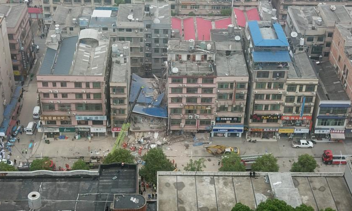 Aerial photo taken on April 29, 2022 shows the collapse site of a self-constructed residential building in Changsha, Central China’s Hunan Province. Photo: Xinhua