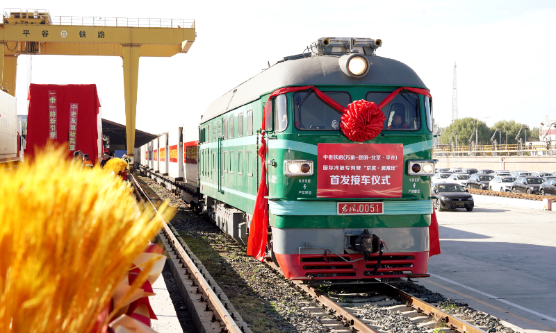 The first batch of fresh bananas from Laos arrives at the Jing Ping Logistics Hub in Beijing on October 20, 2024, carried by the first international cold-chain train of the China-Laos Railway, (Vientiane-Kunming-Beijing Pinggu). Photo: Zhang Yiyi/GT