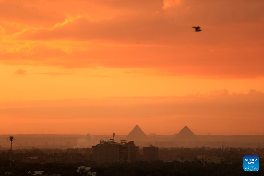 Sunset view of Giza Pyramids in Cairo