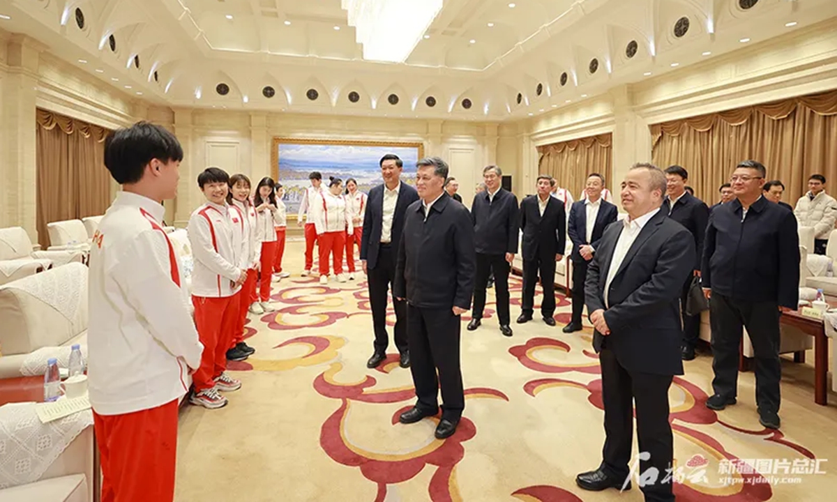 A team of 11 Chinese champions from the Paris Olympics meets local officials in Northwest China's Xinjiang Uyghur Autonomous Region, on November 25, 2024. Photo: Official WeChat account of Xinjiang government 