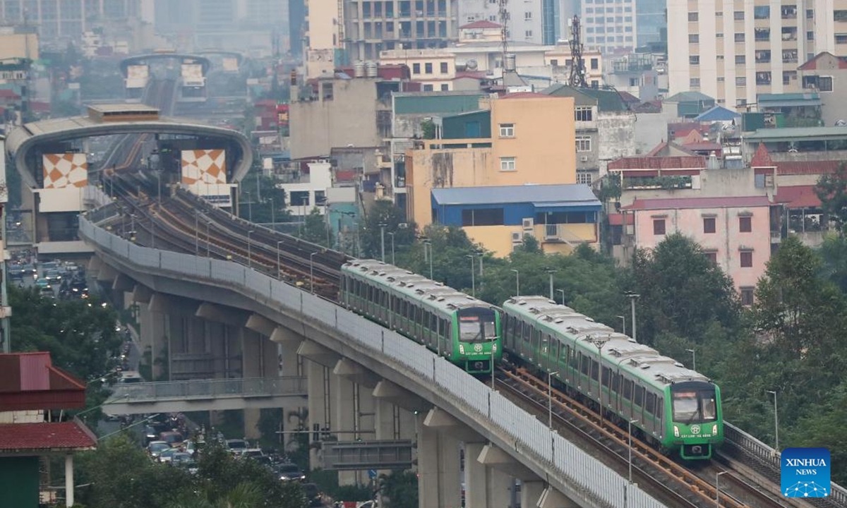 Trains run on the Cat Linh-Ha Dong urban elevated railway in Hanoi, Vietnam, Oct. 9, 2024. The Cat Linh-Ha Dong urban elevated railway was built by the China Railway Sixth Group as an important project of the synergy of China's Belt and Road Initiative with Vietnam's Two Corridors and One Economic Circle plan. (Photo: Xinhua)