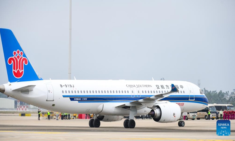 A C919 aircraft operated by China Southern Airlines taxis at Haikou Meilan International Airport in Haikou, south China's Hainan Province, on Dec. 11, 2024. The Flight CZ6786 took off from Guangzhou, south China's Guangdong Province and landed in Haikou at 12:57 p.m., marking a successful maiden commercial operation on the Guangzhou-Haikou route of China Southern Airlines with China's homegrown large passenger aircraft C919.(Photo: Xinhua)