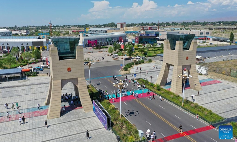 An aerial drone photo taken on July 26, 2024 shows a view of the Horgos International Border Cooperation Center on the China-Kazakhstan border in Horgos, northwest China's Xinjiang Uygur Autonomous Region. Since the implementation of mutual visa exemption between Kazakhstan and China in November 2023, Horgos Port has witnessed a substantial increase of entry and exit tourist trips. In recent days, the Horgos International Border Cooperation Center on the China-Kazakhstan border has ushered in the peak of border tourism. Photo: Xinhua