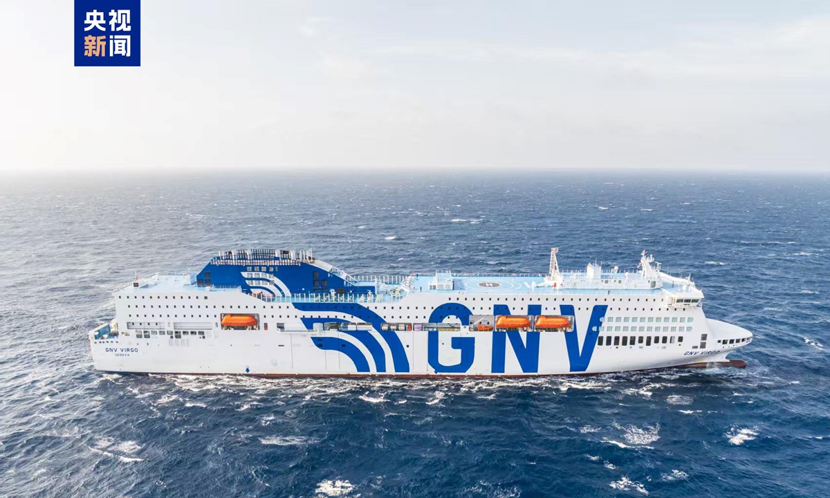 China's first self-developed large dual-fuel RoPax ship for export Photo: CCTV News