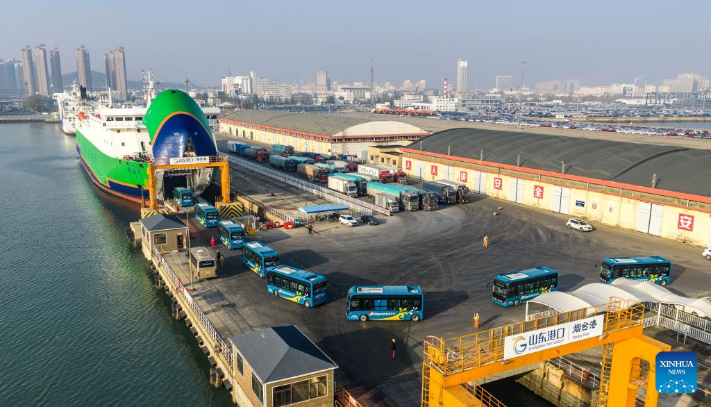 In pics: electric buses boarding NEV carrier at Yantai Port in Shandong