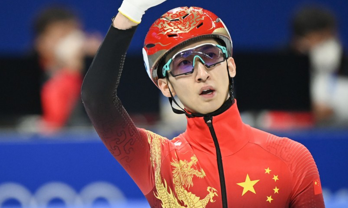Wu Dajing of China reacts after the men's 500m short track speed skating final at Capital Indoor Stadium in Beijing, capital of China, February 13, 2022. Photo: Xinhua