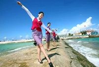 Chinese stewardess celebrate test flight at Nansha Islands