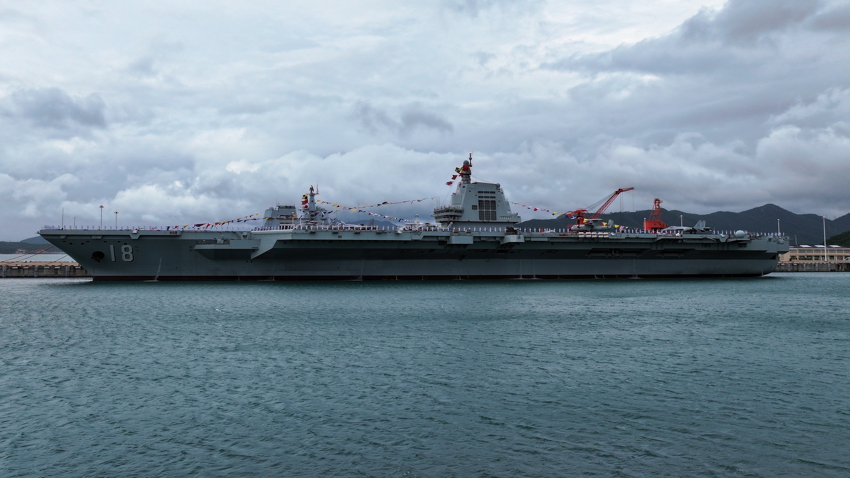 Nighttime view of aircraft carrier Fujian