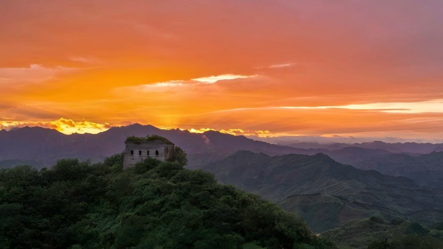 Scenery of Great Wall at sunset in China's Hebei