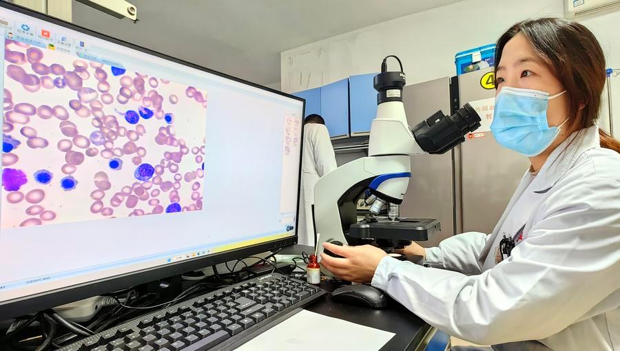 An examiner checks the results made by an artificial intelligence model for blood cell testing in a laboratory at Xinqiao Hospital under the Army Medical University in southwest China's Chongqing, Feb. 14, 2023. (Xinqiao Hospital/Handout via Xinhua)