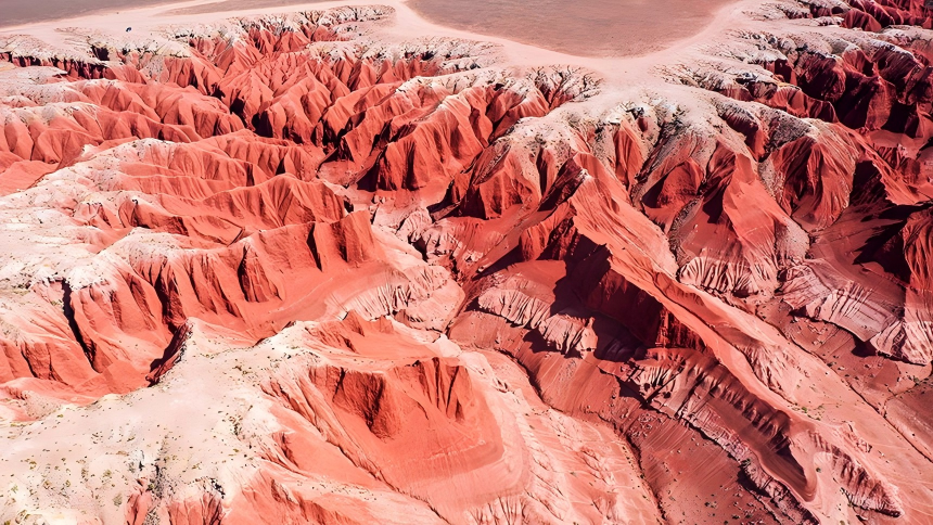 Magnificent aerial views of red-hued Dahong Mountain in N China's Inner Mongolia