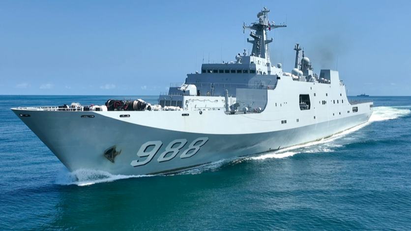 Amphibious dock landing ship steams at sea