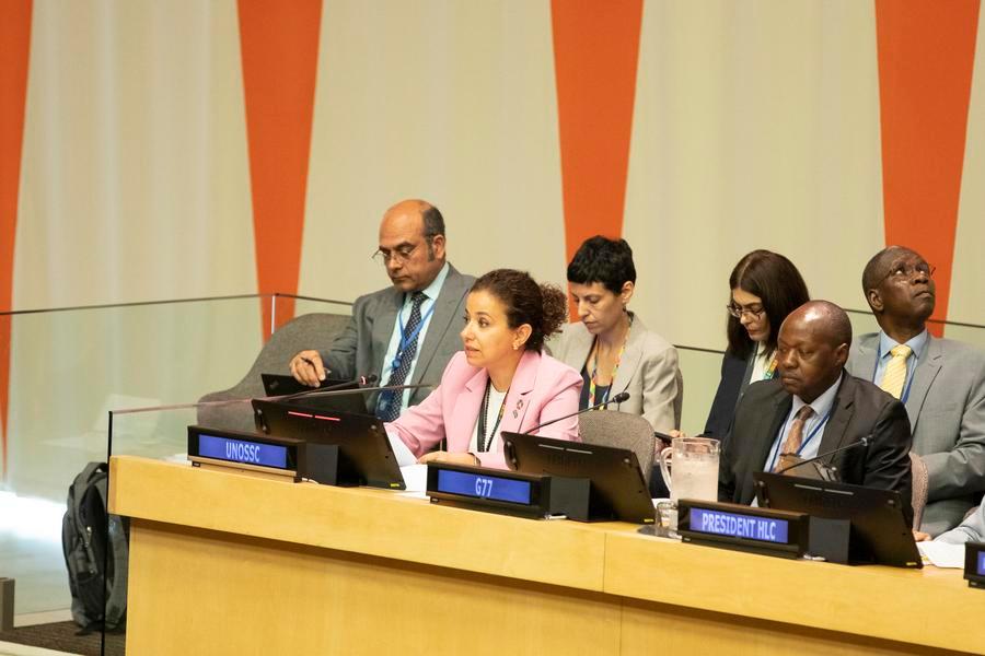 Dima Al-Khatib (L, Front), director of the UN Office for South-South Cooperation, speaks at a high-level panel discussion on South-South cooperation, at the UN headquarters in New York, on Sept. 12, 2024. (Xinhua/Xie E)