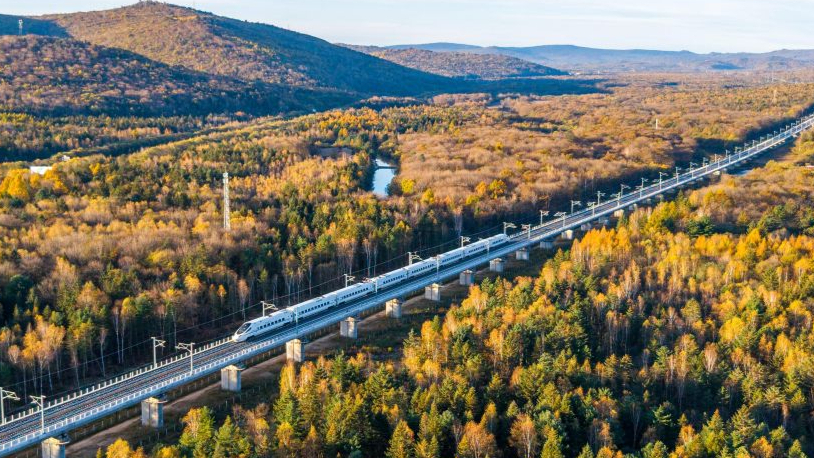 Autumn scenery along Harbin-Yichun high-speed railway in Yichun, China's Heilongjiang