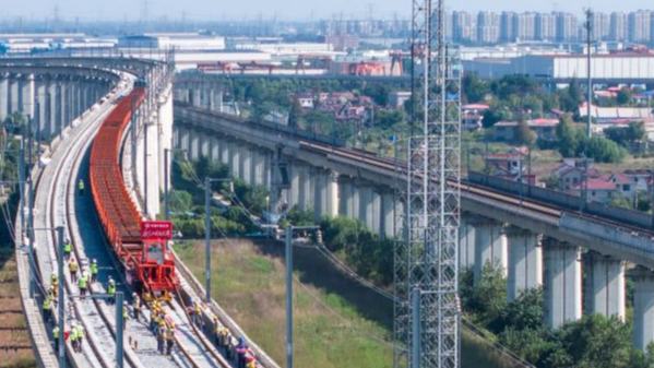 Nantong-Ningbo high-speed railway starts track laying in China's Jiangsu