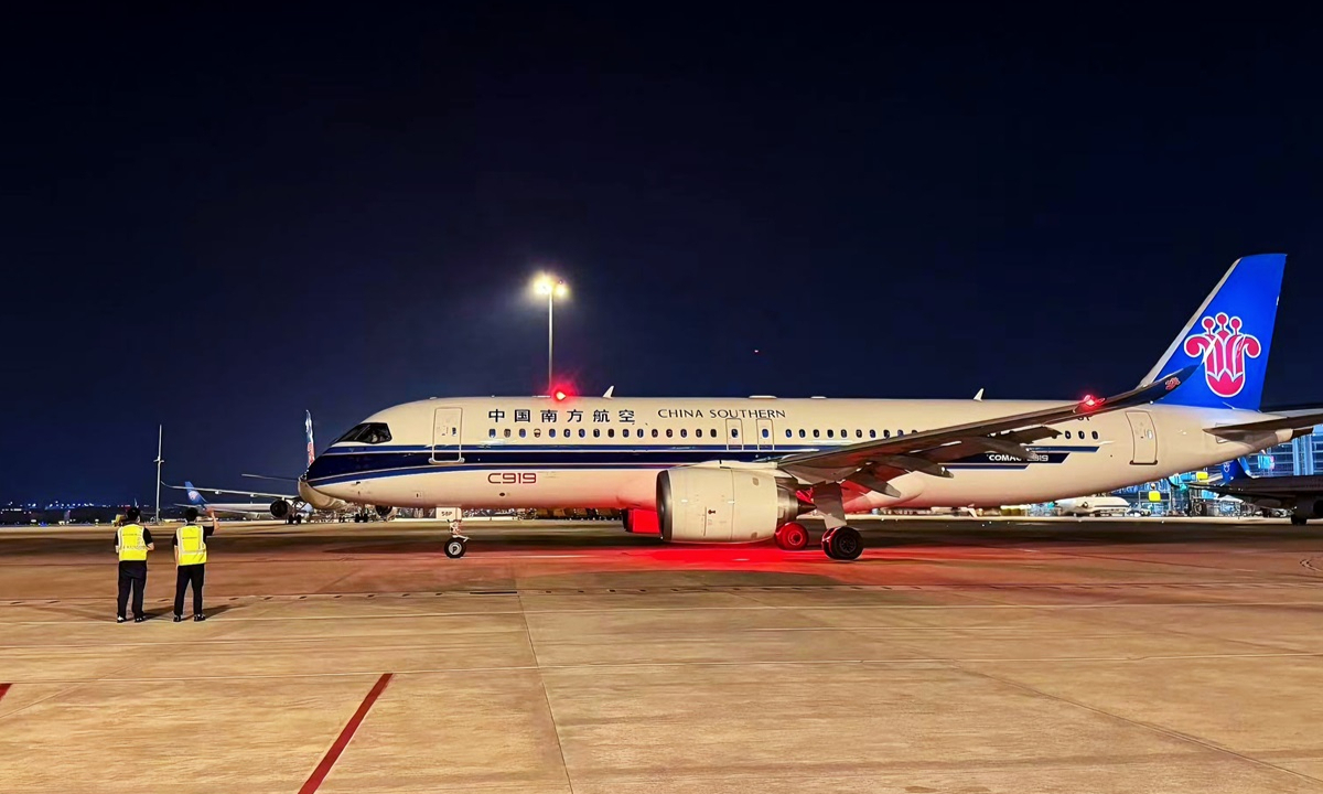 On Wednesday, China Southern Airlines flight CZ3383, operated by China's domestically produced C919 aircraft departes from Guangzhou Baiyun International Airport, South China's Guangdong Province and lands at Nanyang Jiangying Airport in Central China's Henan Province at 23:57 the same day. Photo: Courtesy of China Southern Airlines