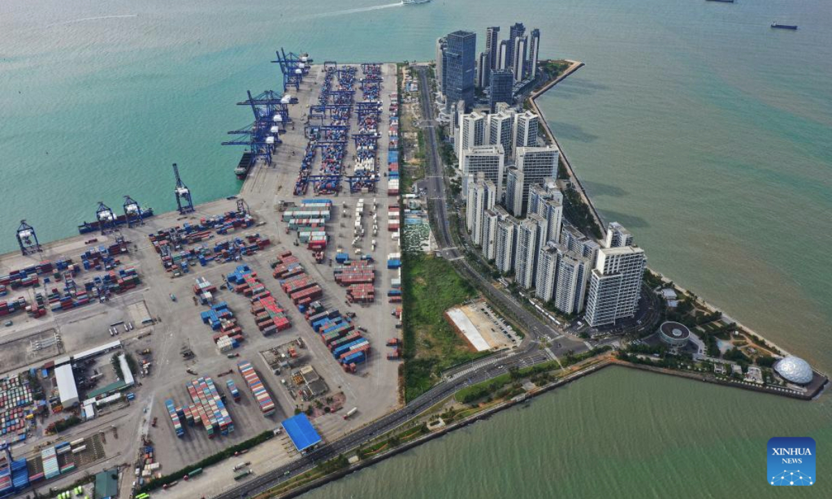 An aerial drone photo taken on Nov. 27, 2025 shows a view of the Haikou Port in Haikou, south China's Hainan Province. China's Hainan Free Trade Port (FTP) will launch island-wide independent customs operations as of Dec. 18, a major milestone in the opening-up drive of the world's second-largest economy despite rising protectionism worldwide. (Xinhua/Guo Cheng)