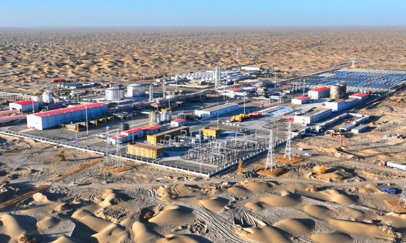 This aerial photo taken on November 4, 2023 shows a major gas and oil processing station in the Fuman oilfield in northwest China's Xinjiang Uygur Autonomous Region. The Fuman oilfield, China's largest ultra-deep oilfield, located in the Tarim Basin, boasts more than 1 billion tonnes of oil and gas resources, which are mainly detected underground at 7,500 meters to 10,000 meters deep. Photo: Xinhua