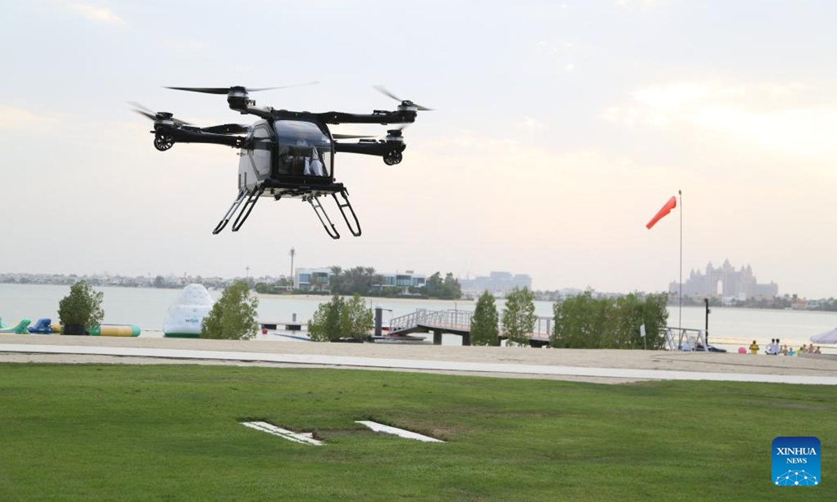 A flying car developed by Chinese company XPENG AEROHT is seen during a demo flight in Dubai, the United Arab Emirates, Oct. 12, 2025. A flying car developed by Chinese company XPENG AEROHT on Sunday took to the skies over Dubai, the United Arab Emirates (UAE), marking a significant step in the global reach of China's low-altitude aircraft technology. (Photo: Xinhua)